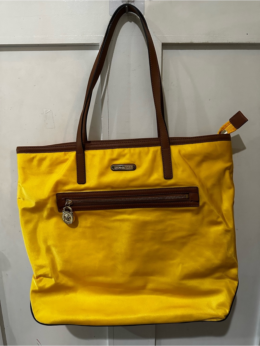 Michael Kors Yellow Nylon Tote with Brown Trim and Straps